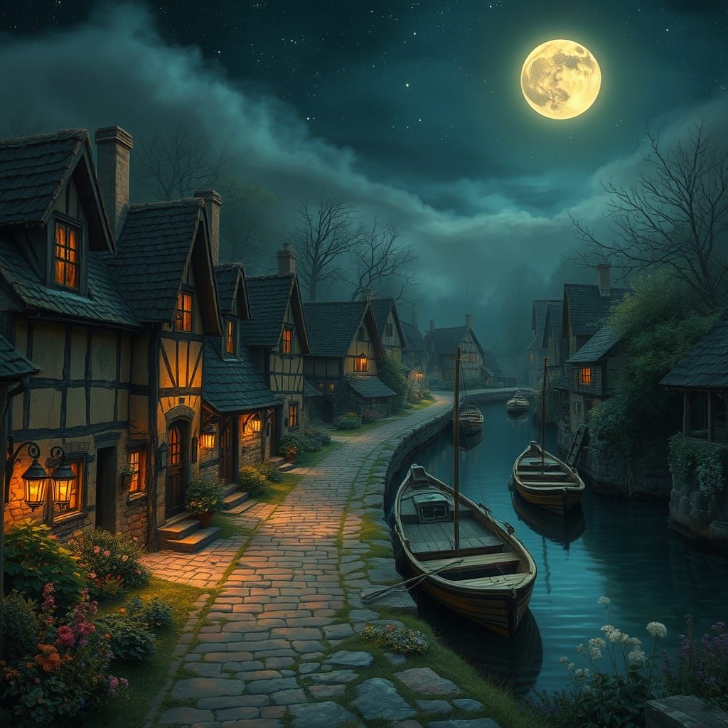 Serene Village at Dusk with Warmly Lit Cottages