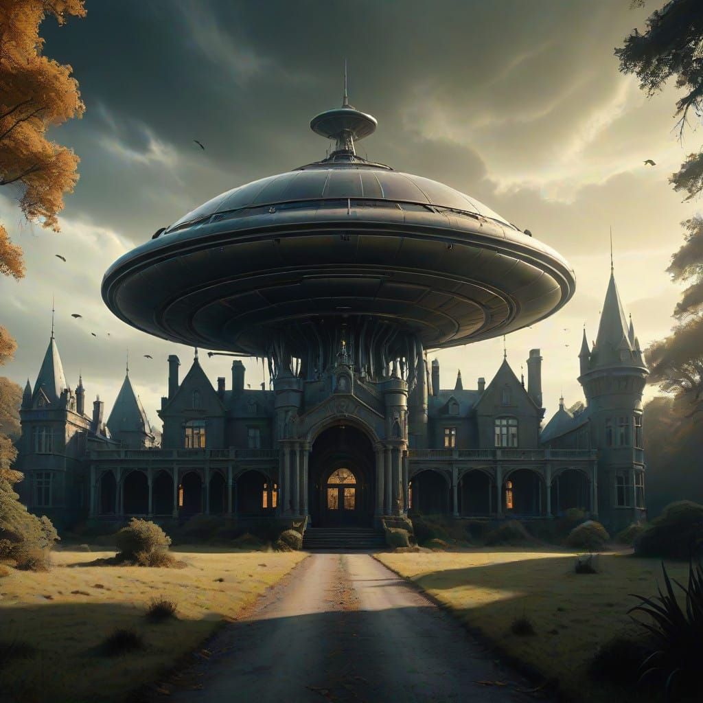 Gothic Flying Saucer Hovers Ominously Above Mansion in Cyber...
