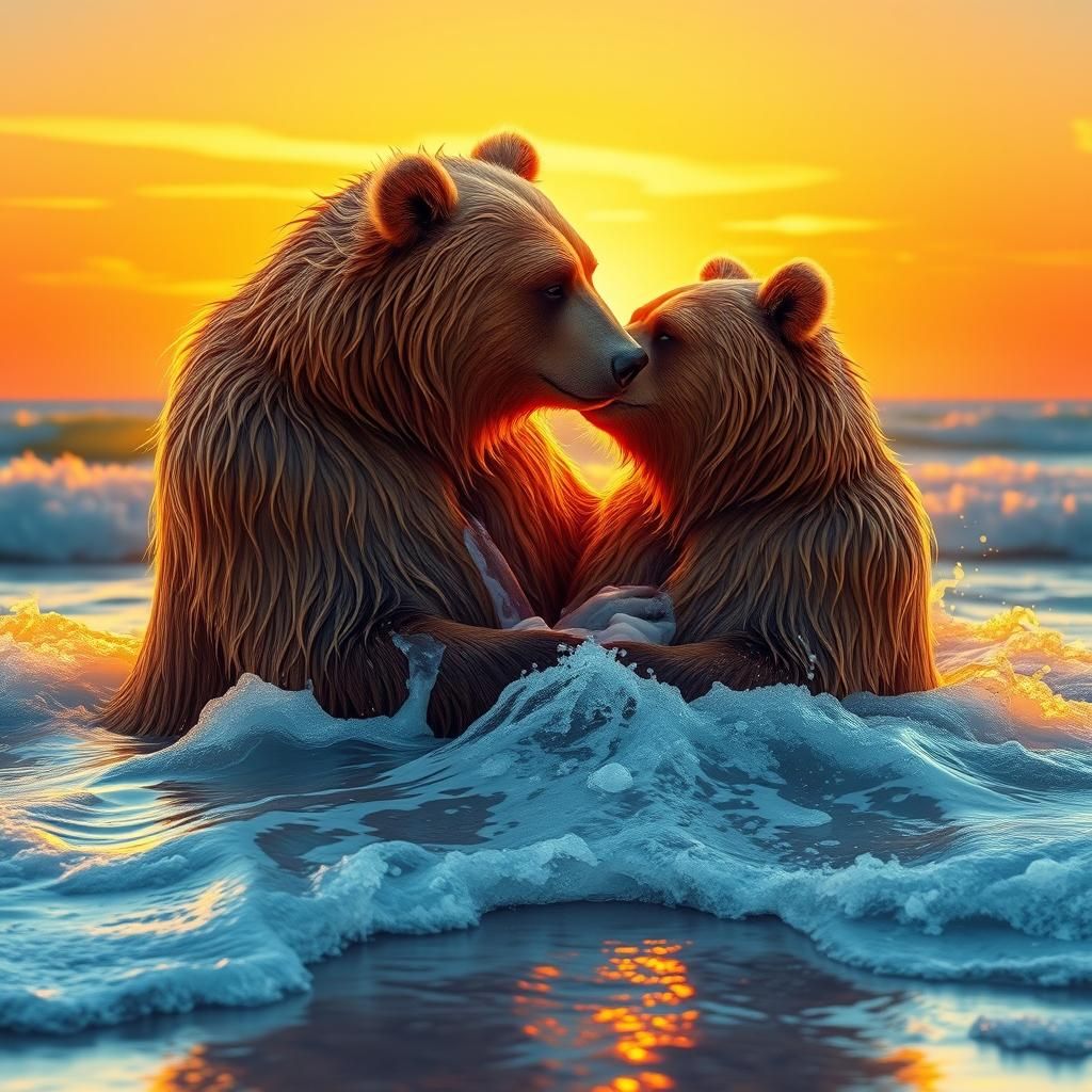 Bears Soaping Each Other on Beach at Sunset