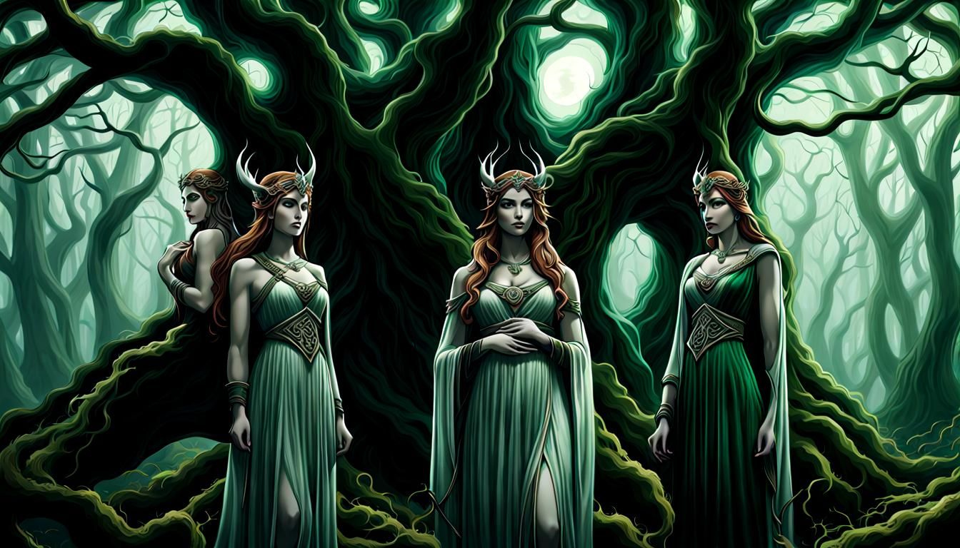 Celtic Goddesses in Mystical Forest Art
