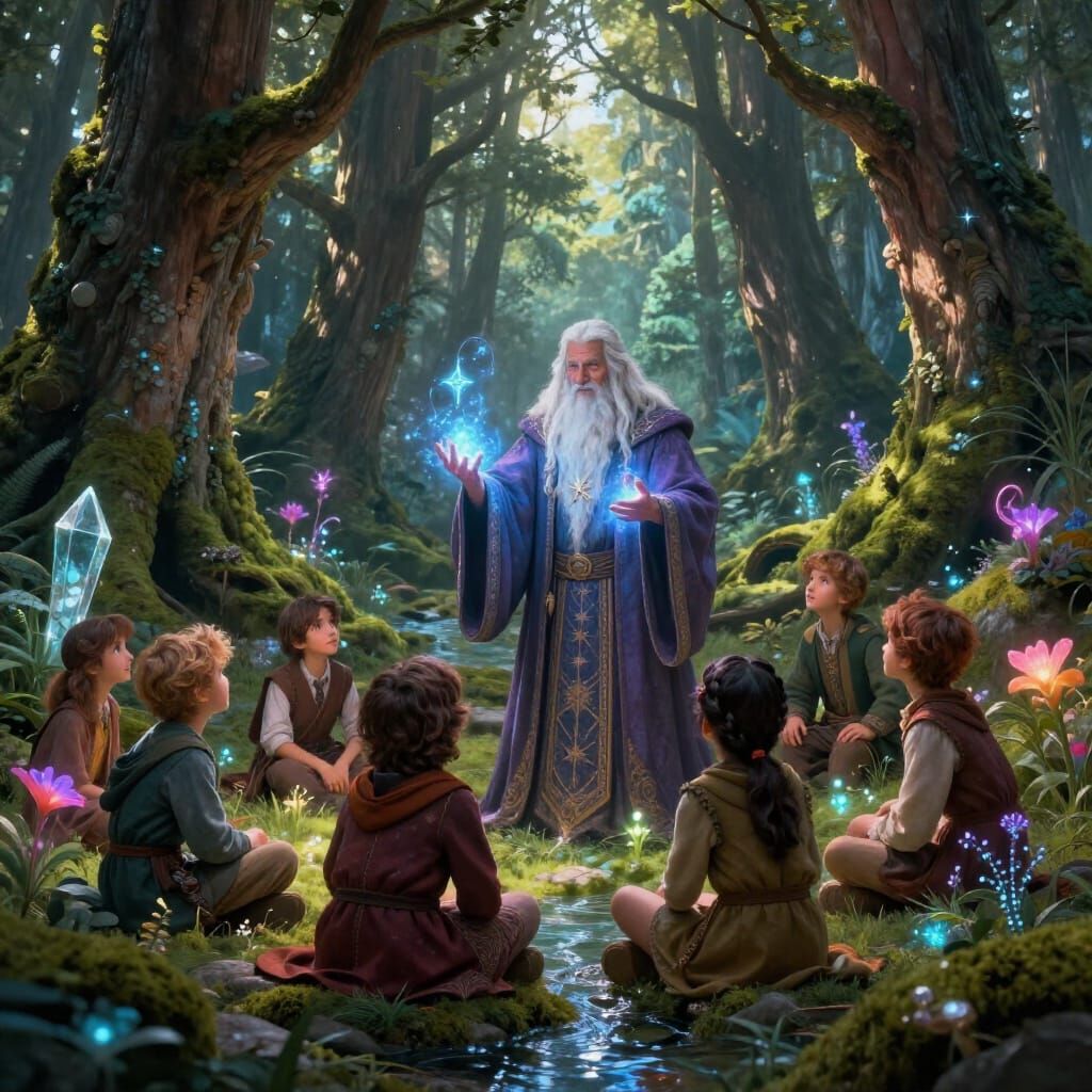 Fantasy Wizard Teaches Students in Magical Forest