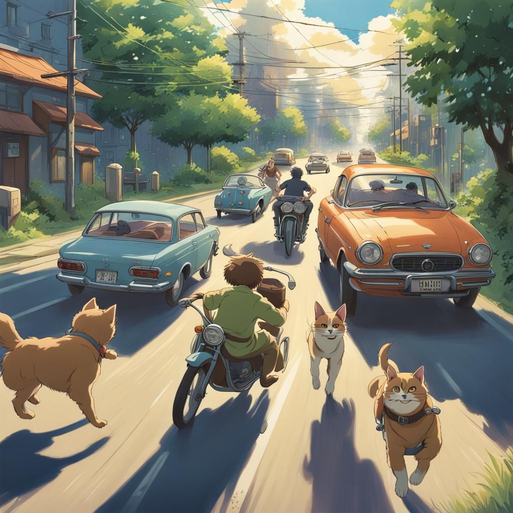 Dogs, Cats, Cars, and Motorcycles in Anime Style