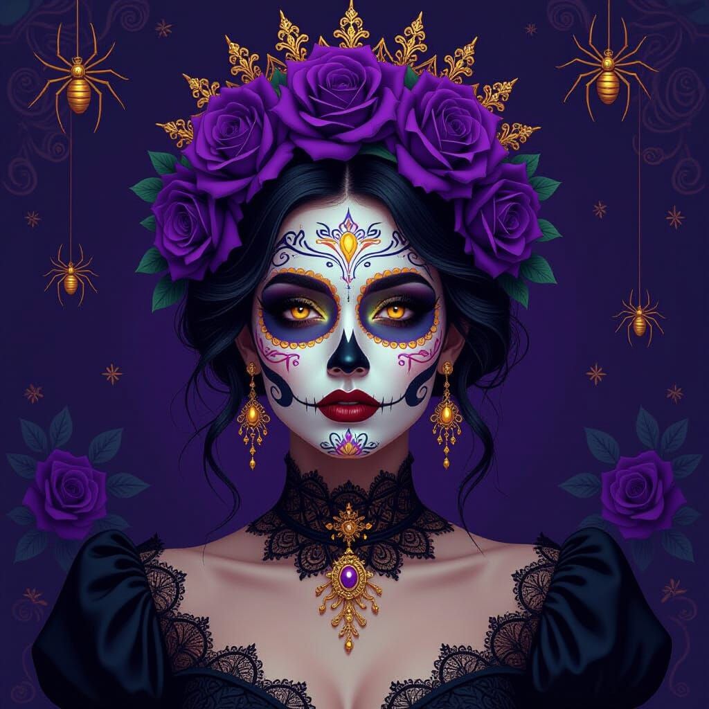 A woman with intricate Día de los Muertos face paint and glowing amber eyes stands against a deep purple background deco...