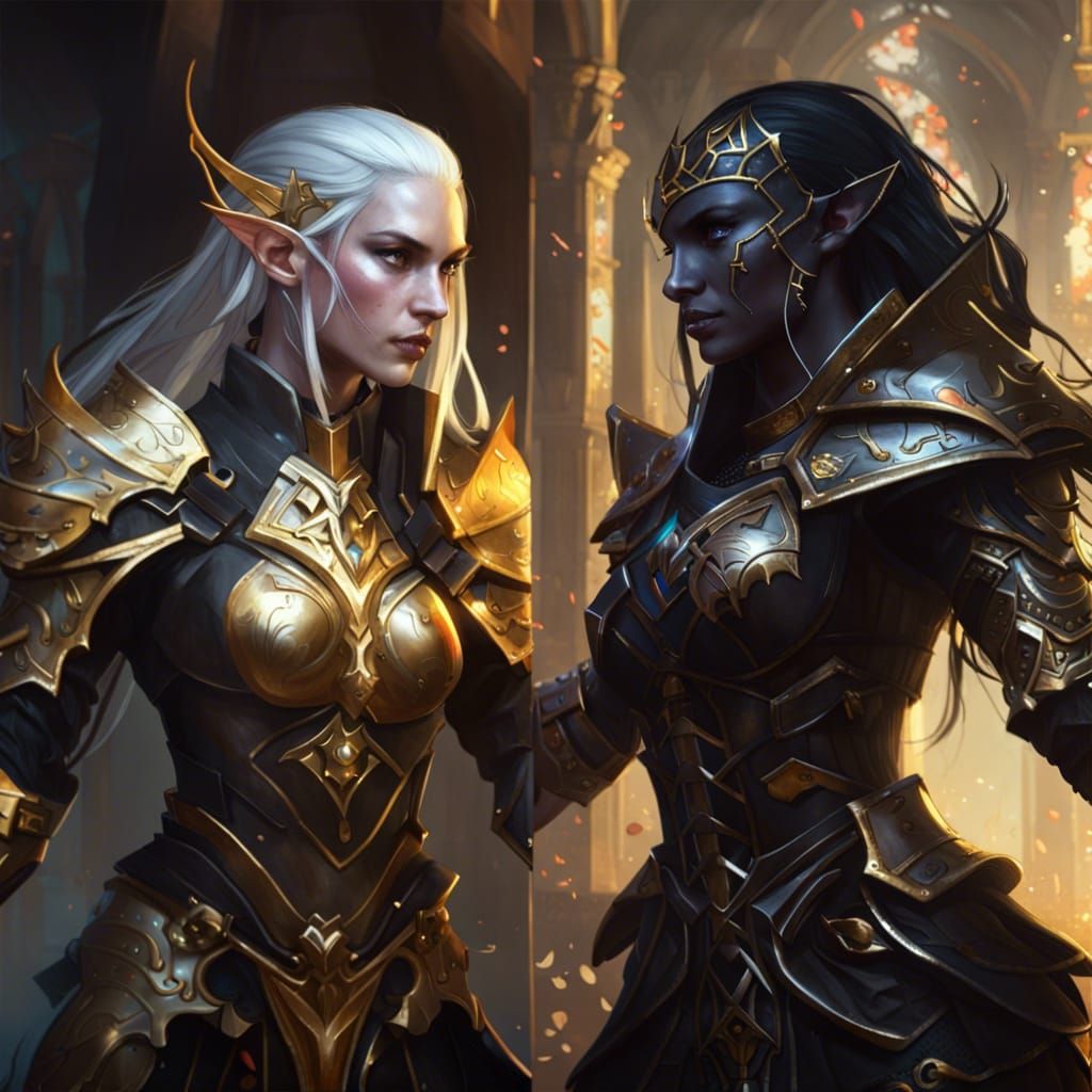 High Elf vs Dark Elf Battle in Fantasy Art
