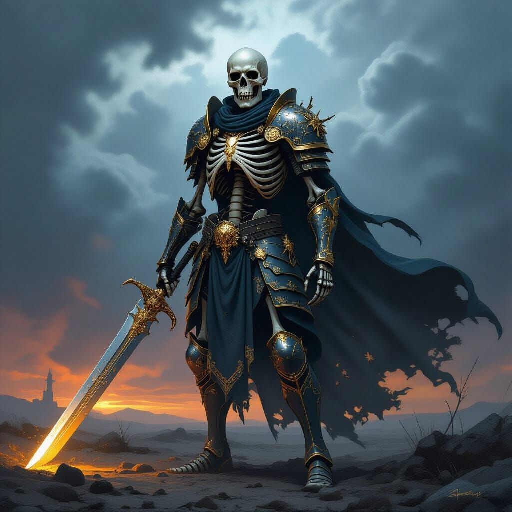 Skeleton Warrior with Kintsugi Armor on Battlefield