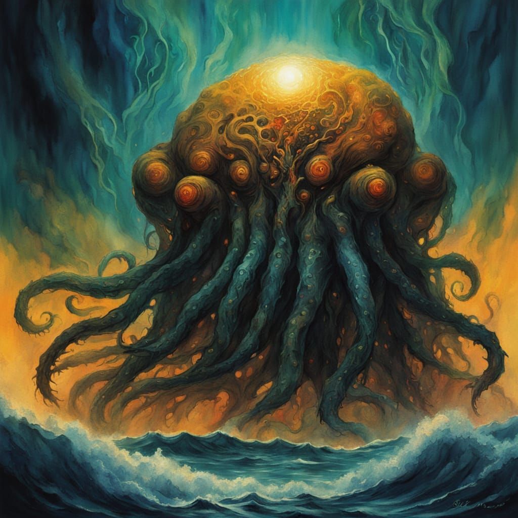 Cthulhu Emerge from Oceanic Depths in Dreamlike Watercolor