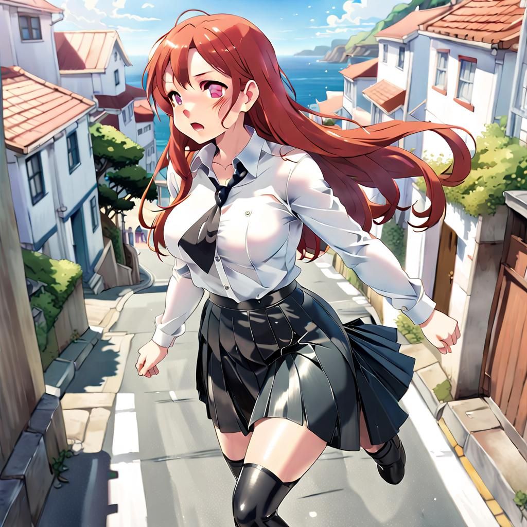 Woman Running in Coastal Town, Anime Style