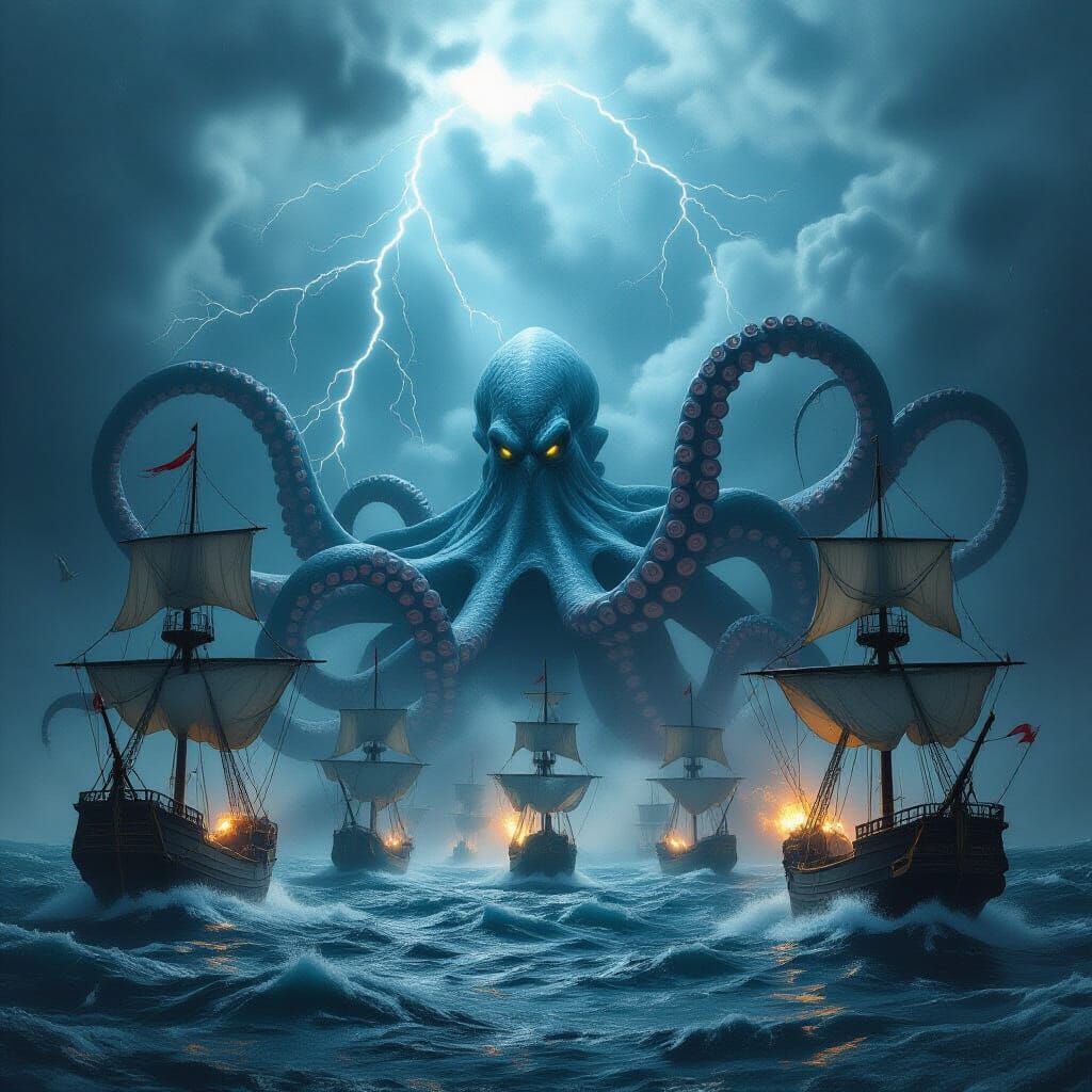 Colossal Kraken Attacks Sailing Ships in Stormy Sea