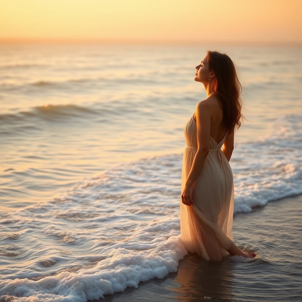 Woman Contemplates Sunrise at Ocean's Edge