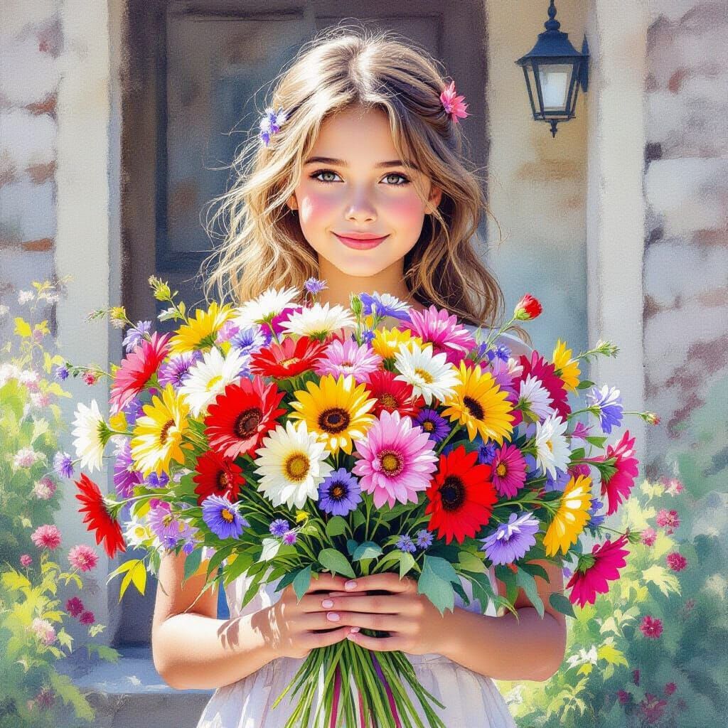 Girl with Colorful Bouquet: Realistic Watercolor Painting