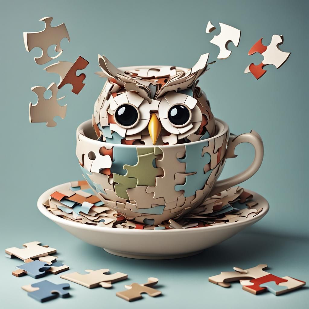 Adorable Owl in Teacup Puzzle, 3D Render