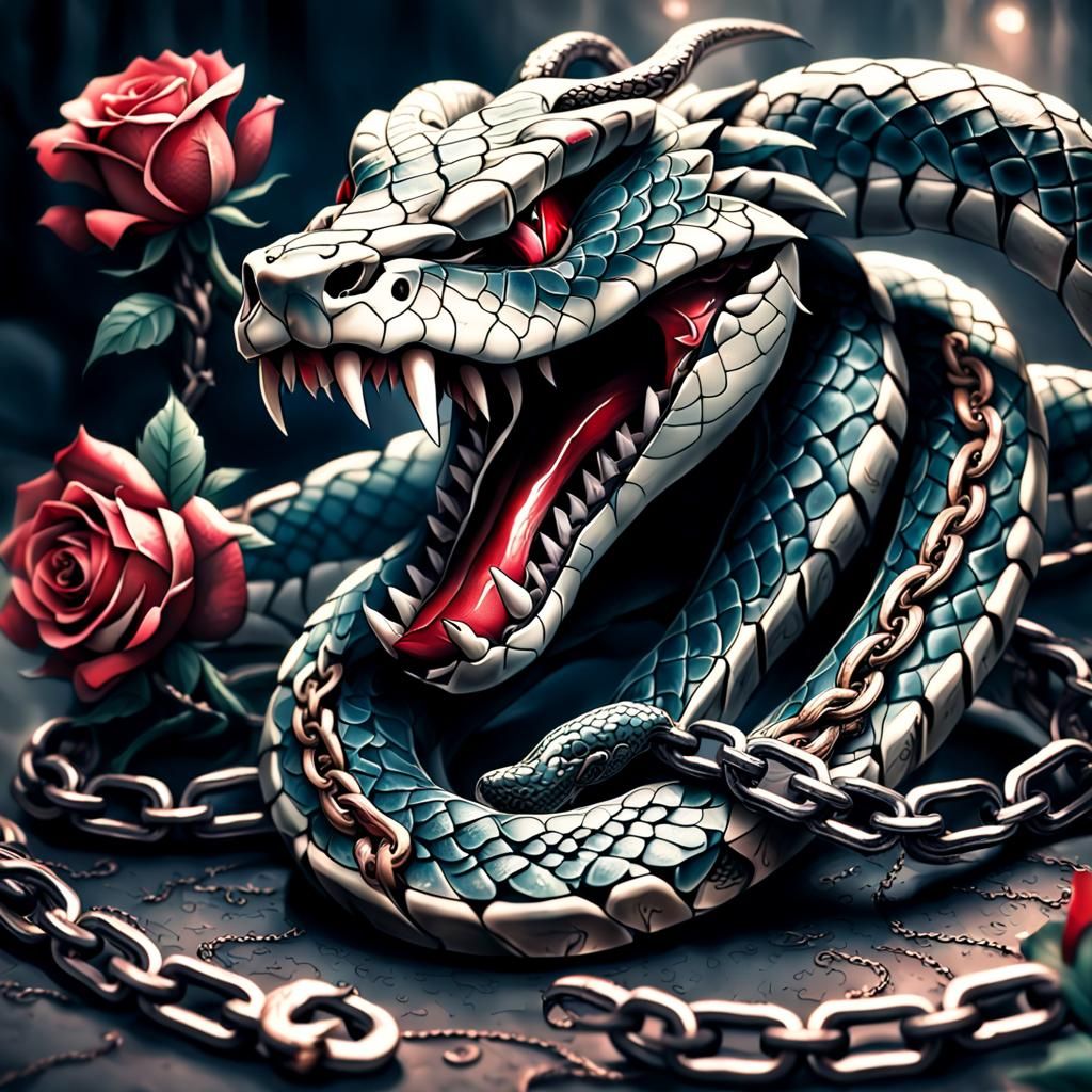 Tattoo Design: Fangs, Chain, Rose, Snake