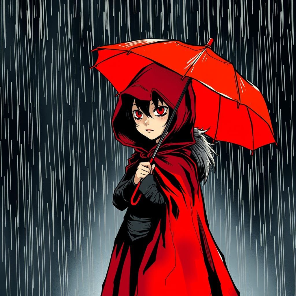 Little Red Riding Hood Stands Defiantly in the Rain, in Vibr...