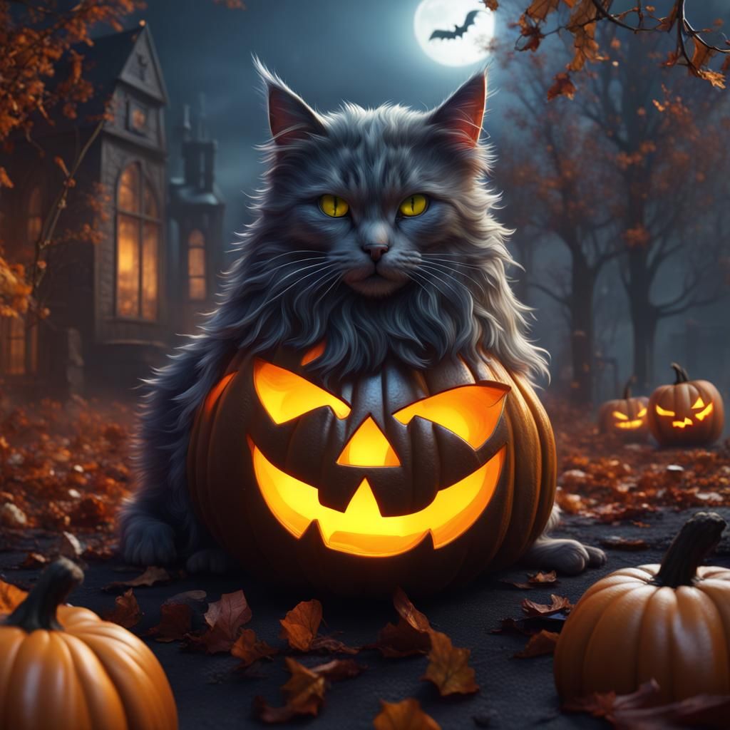 Fantastical Halloween Cat in Detailed Matte Painting