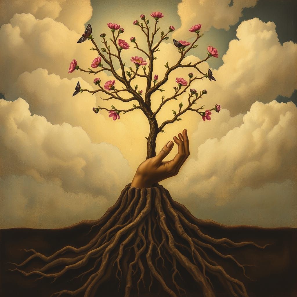 Ancient Hands Bloom From Earth in Philosophical Art