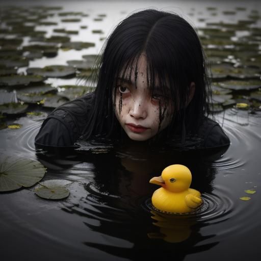 Eerie Photo of Girl with Duck in Pond