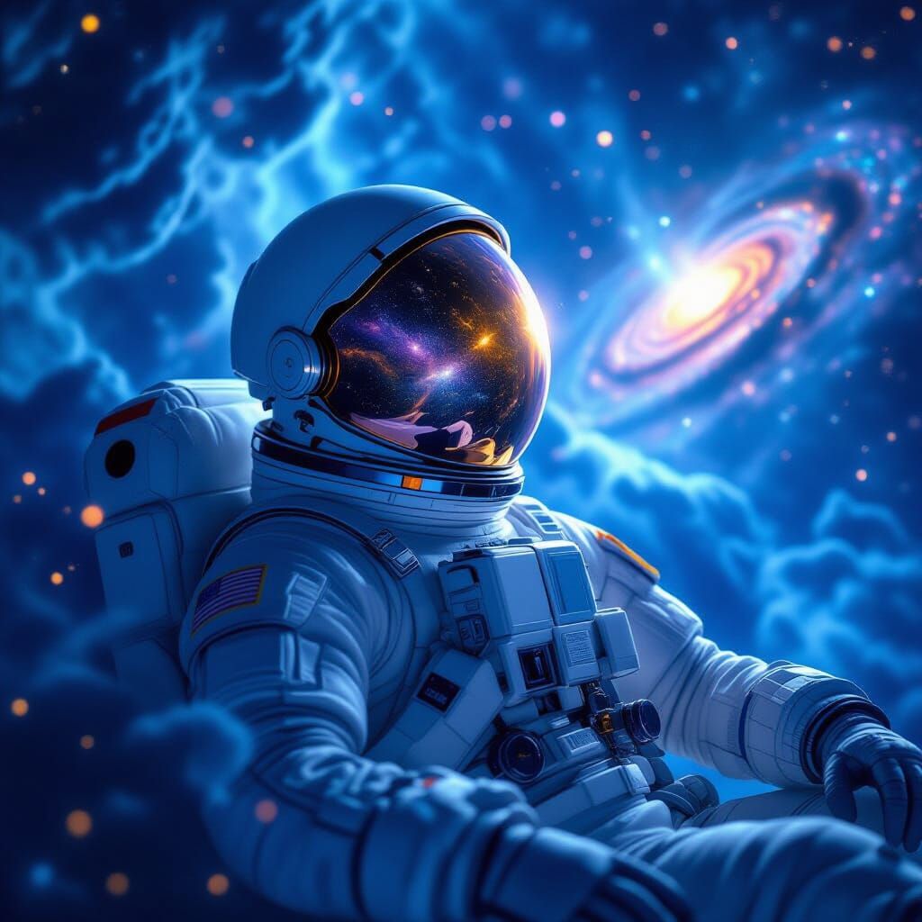 Astronaut Adrift in Cosmic Nebula with Galactic Reflection