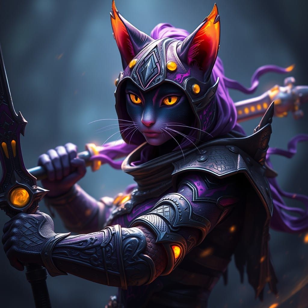 Cyberpunk Cat Warrior Samurai in Dark Fantasy Art