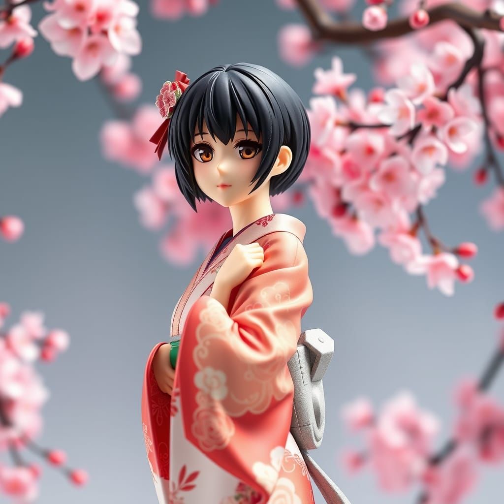 Anime Action Figure in Kimono with Cherry Blossoms