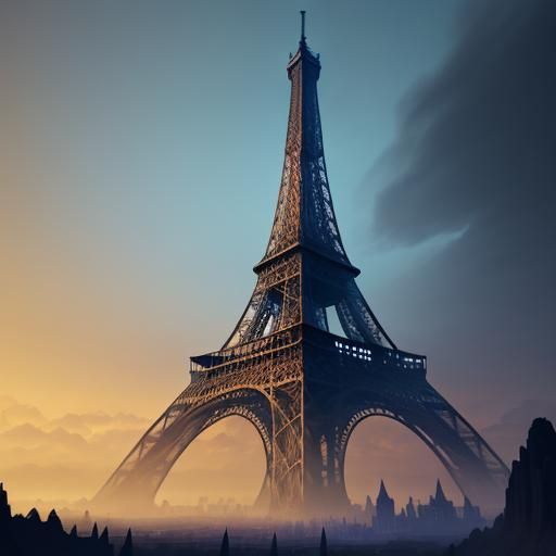 Gothic Eiffel Tower in Dreamlike Fantasy Landscape