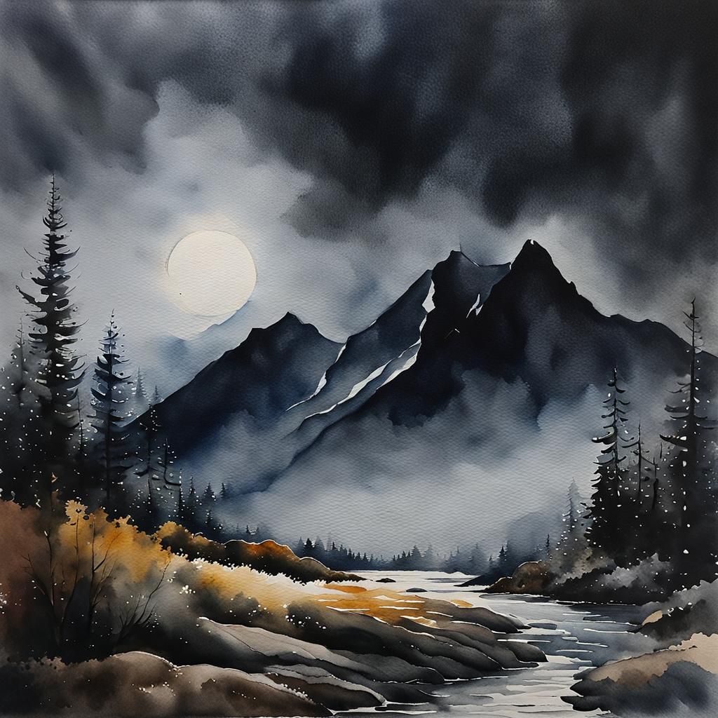 Dark Moody Watercolor Painting on Rough Paper