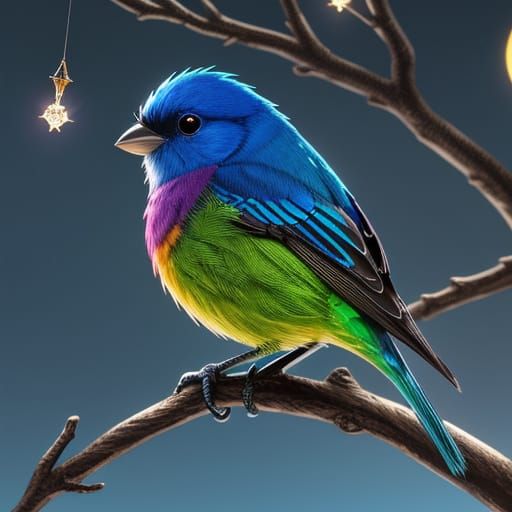 Baby Tanager Bird with Bioluminescent Feathers in Art Nouvea...
