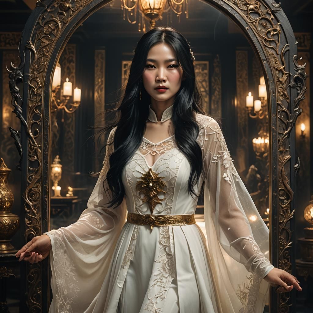 Dark Fantasy Woman Admiring Herself, Detailed Digital Art