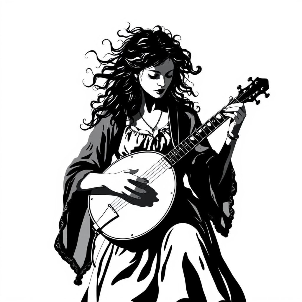 Rustic Woman in Dramatic Black Silhouette with Banjo