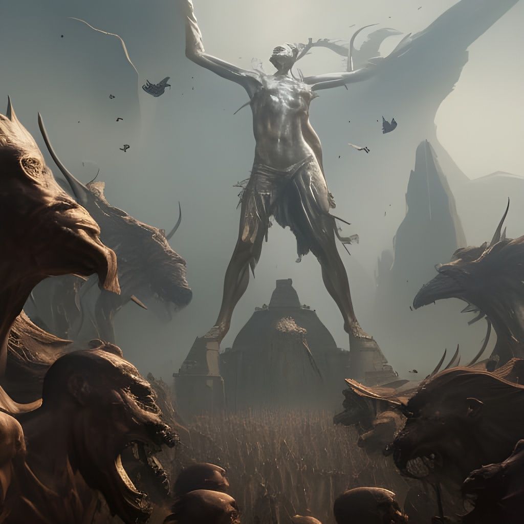 Hyperdetailed Statue Symbolizing Humanity in Dark Fantasy St...
