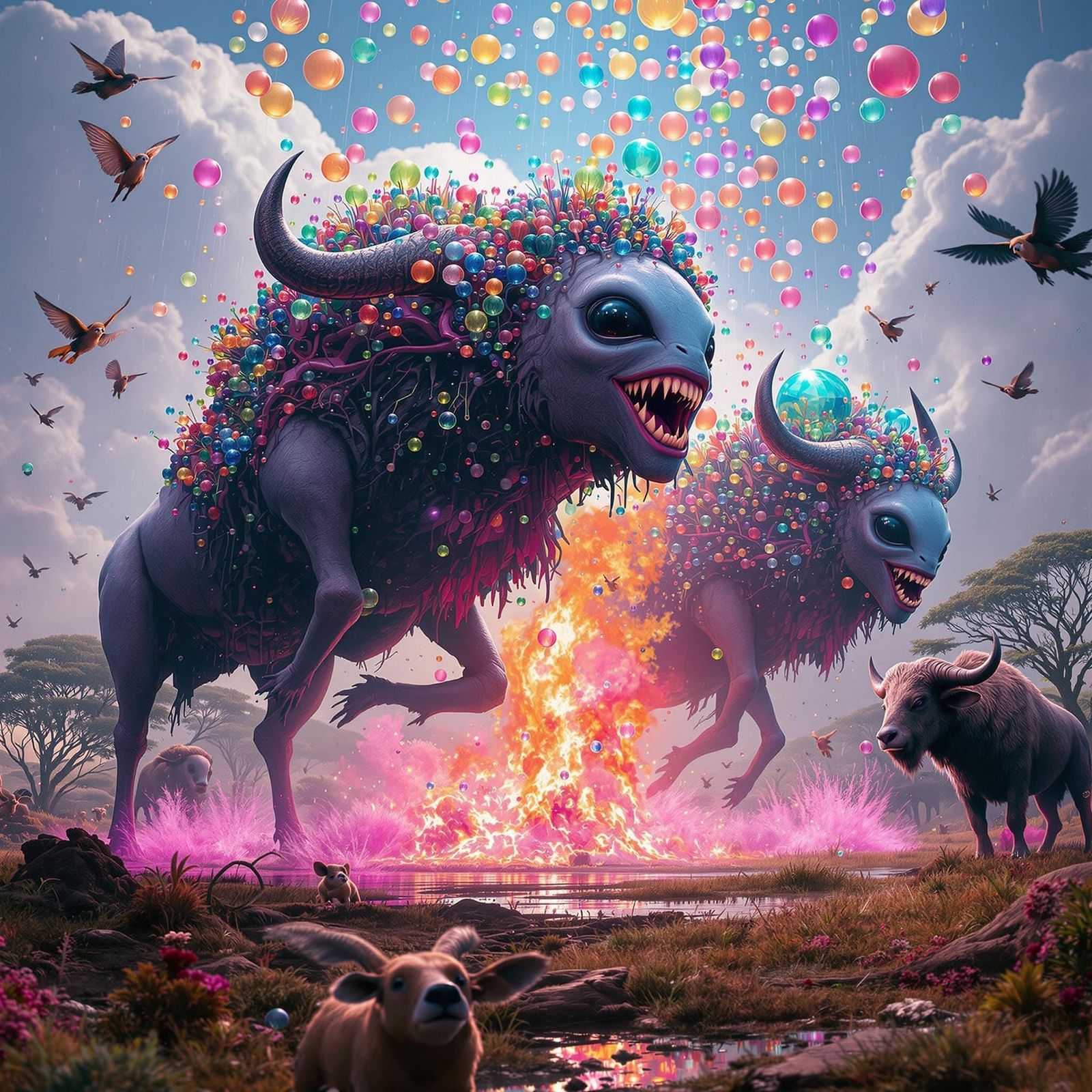 Alien Wonderland with Winged Buffalo, Hyper-Realistic Style