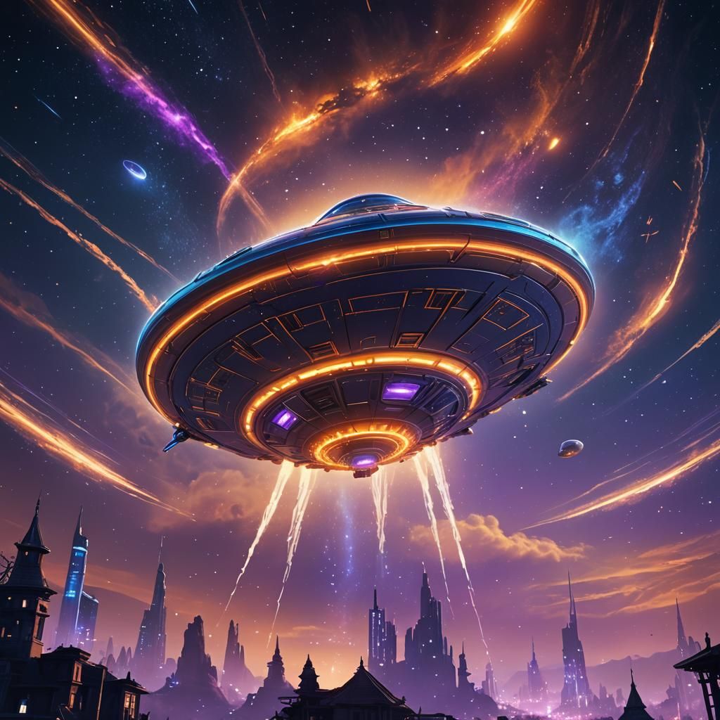 Flying Saucer in Starry Sky: Fantasy Concept Art