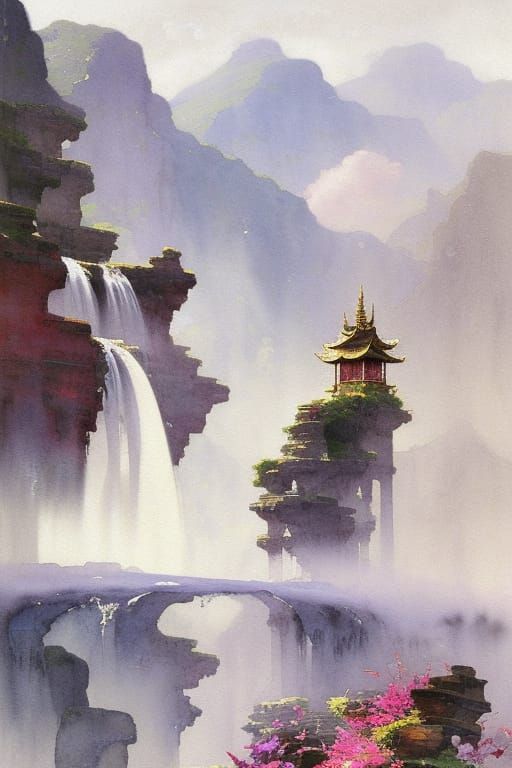 Oriental Waterfall Scene in Watercolor Painting Style