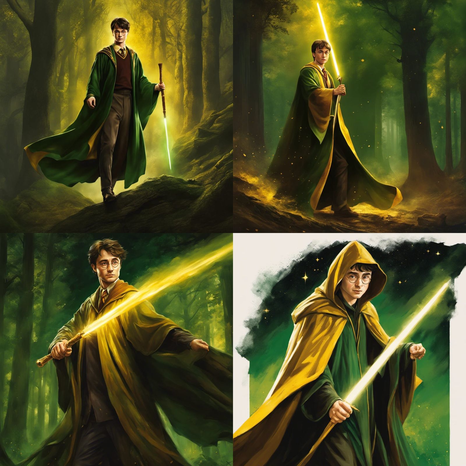no glasses, no spectacles, full body portrait of Harry Potter as a Jedi Knight, high fidelity face, holding yellow light...