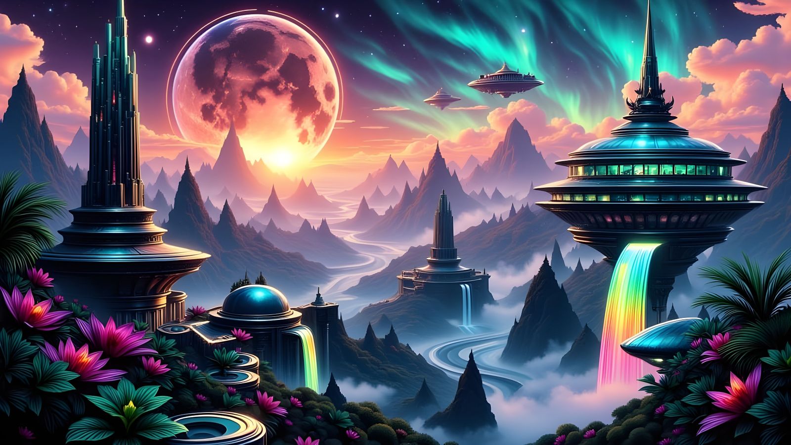 Floating Eco-Metropolis with Rainbow Waterfalls