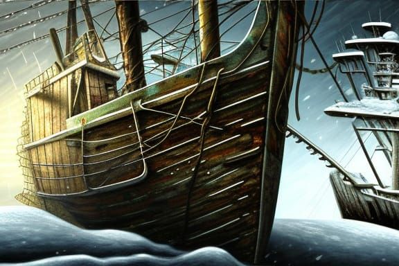 Abandoned Ship in Winter: Photorealistic Painting