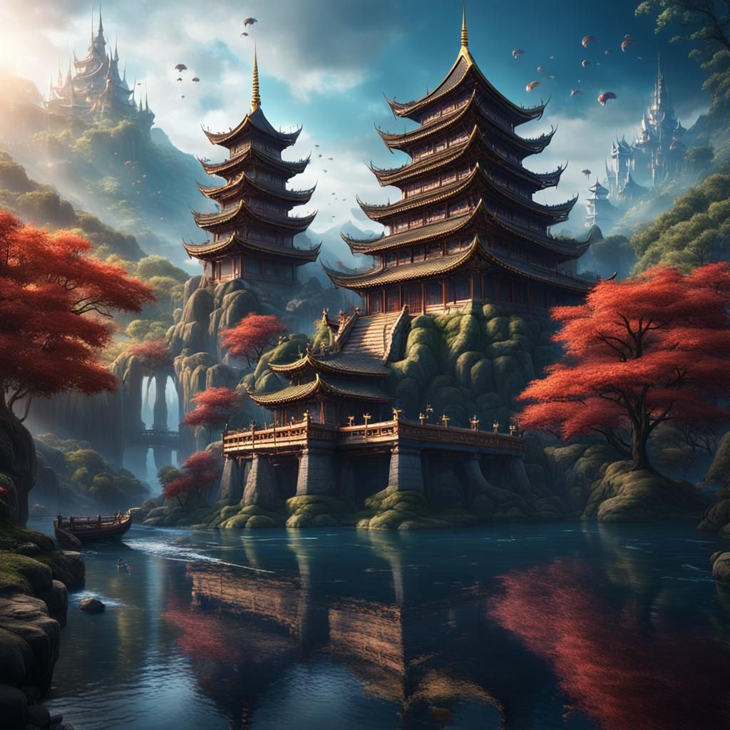 Magical Pagoda Castle Over River in Matte Painting Style