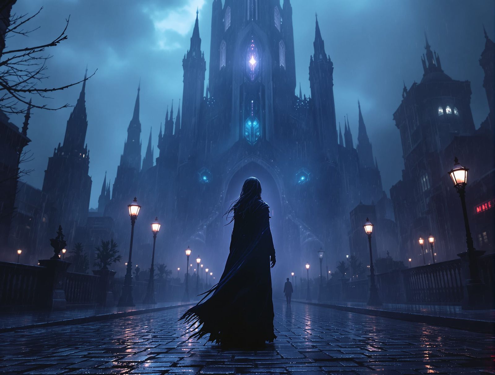 Gothic Art: Woman in Alien City Under Moody Skies