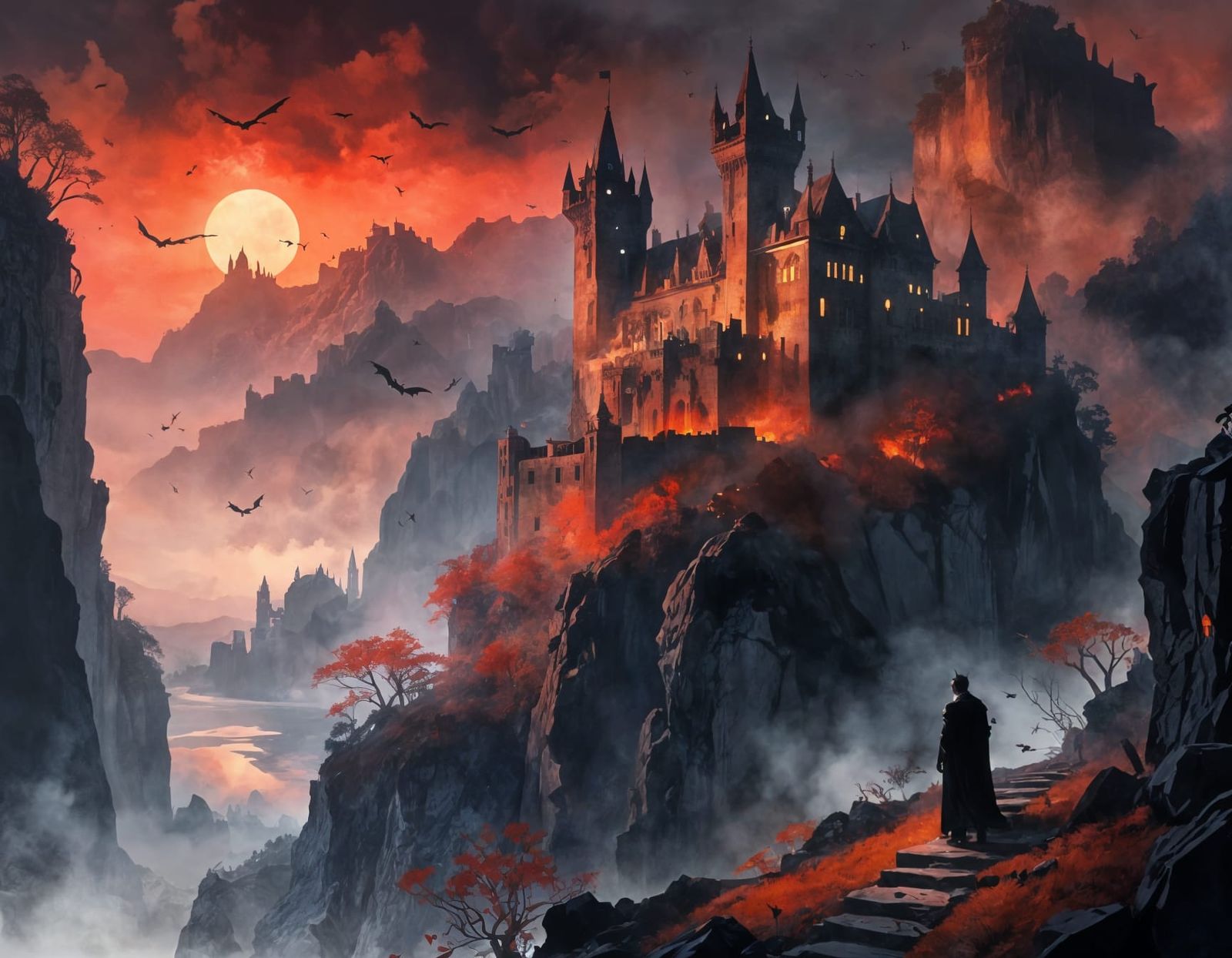 Majestic Vampire Castle at Night in Watercolor Style