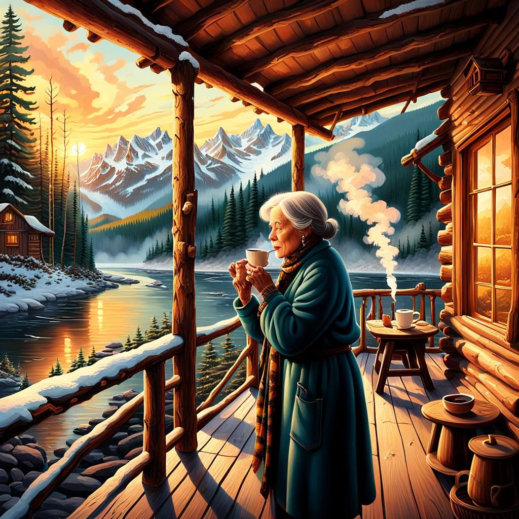 Cozy Log Cabin Scene at Sunset: Matte Painting