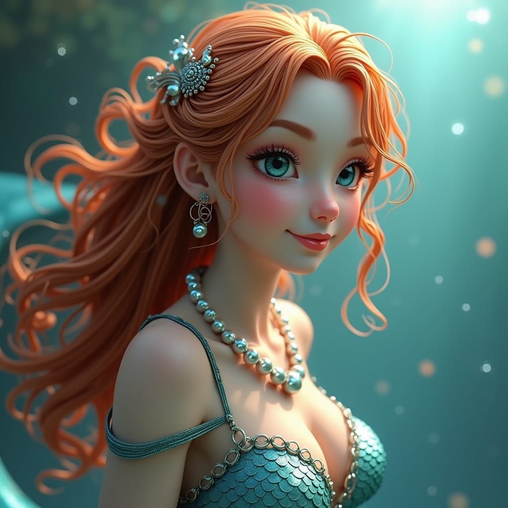 Copper-Haired Mermaid with Pearl Necklace in Anime Style