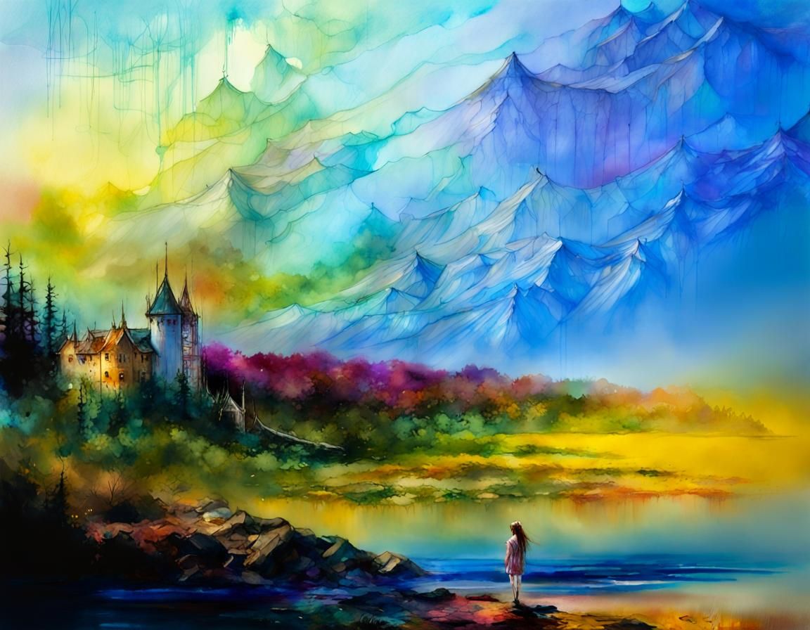 Fantasy Woman in Watercolor Landscape