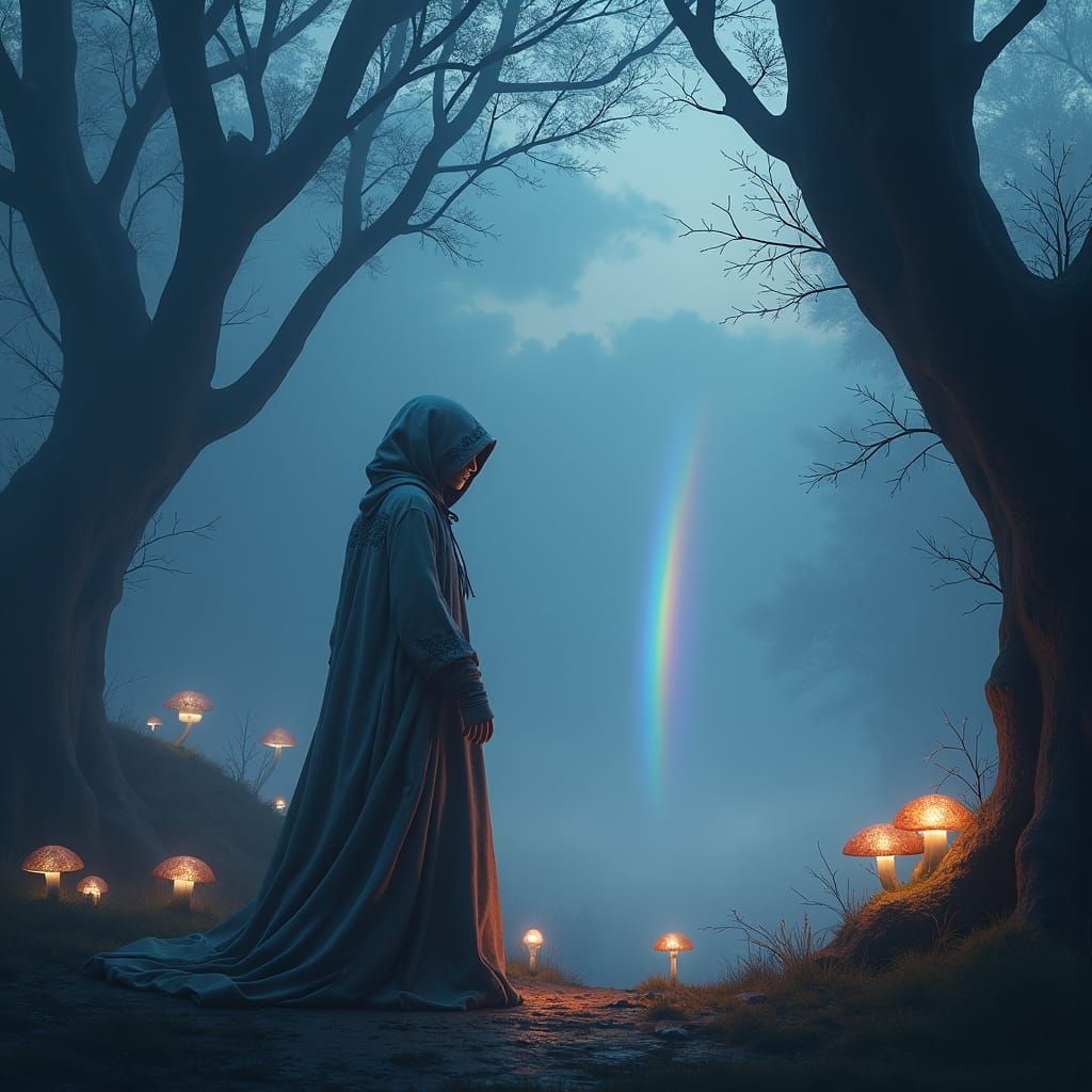 Mystical Forest Figure with Glowing Orb