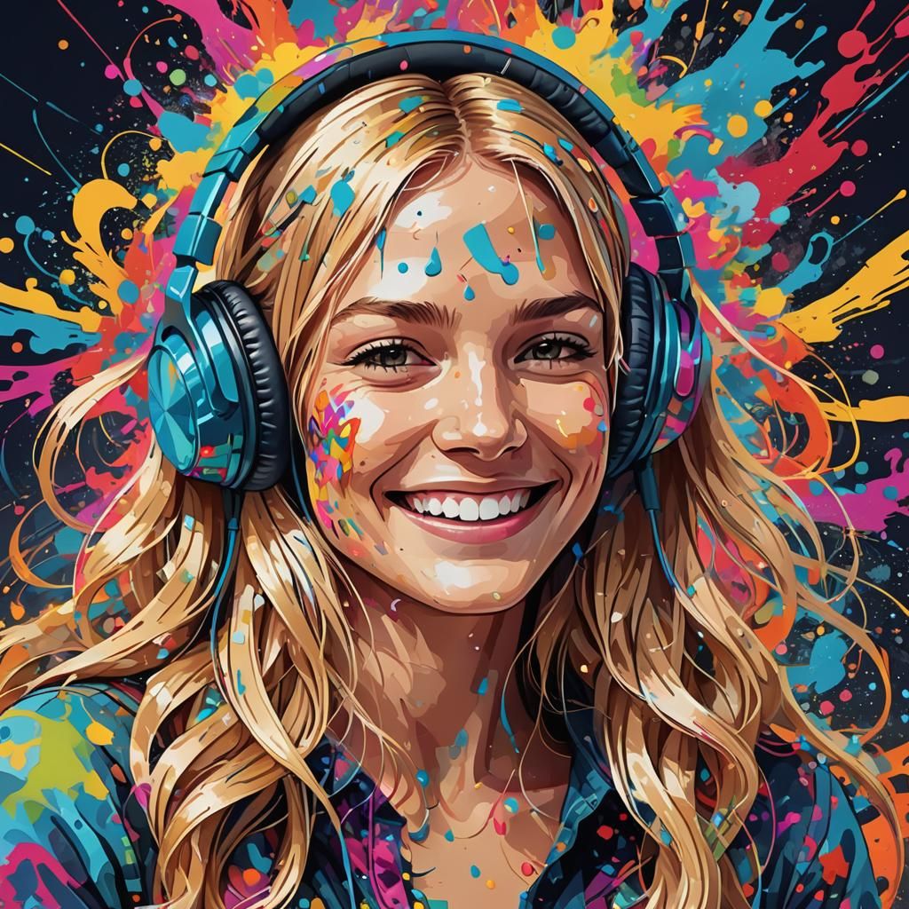 Smiling Woman with Headphones in Abstract Vector Art