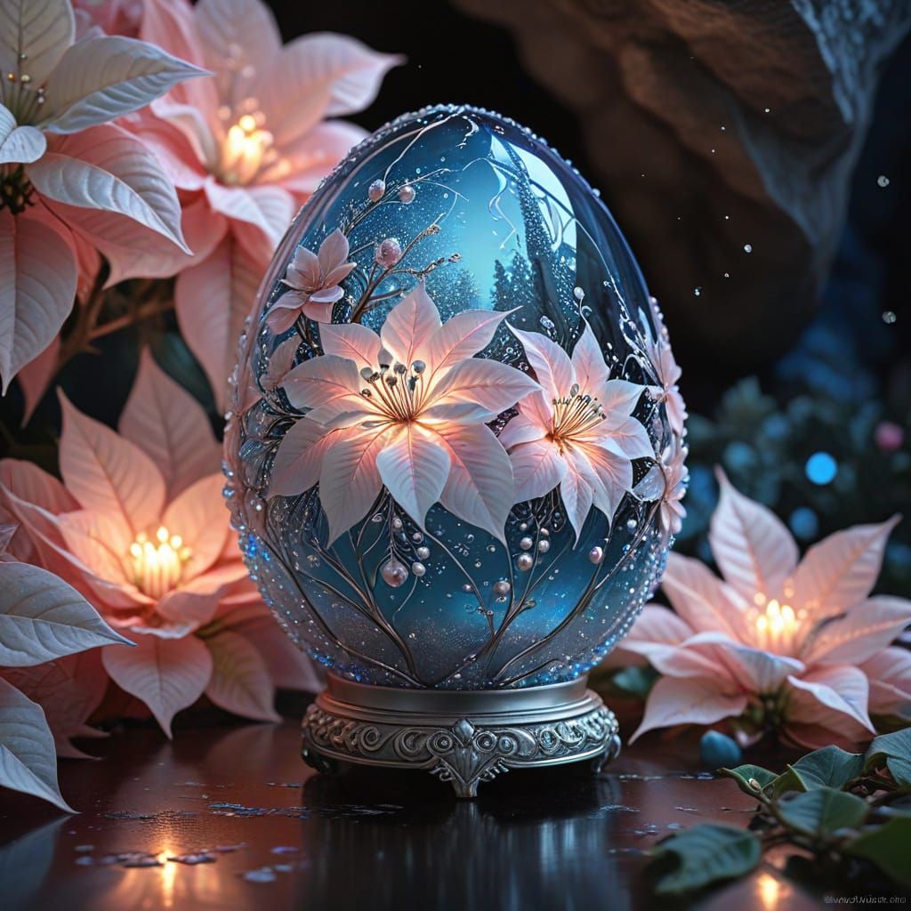 Glass Egg on Poinsettias in Top-Lit Cave, Hyperrealistic Pho...