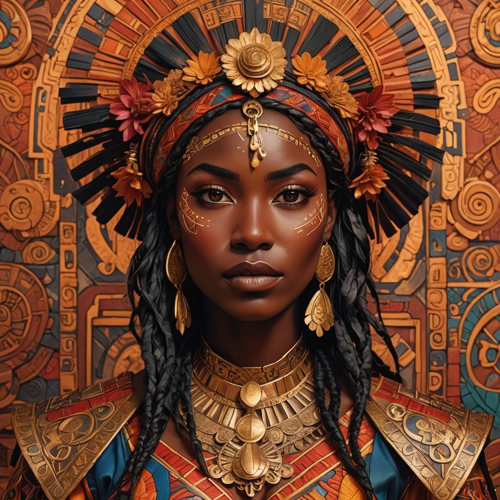 Manga Woman in Mesoamerican Costume with Dramatic Lighting