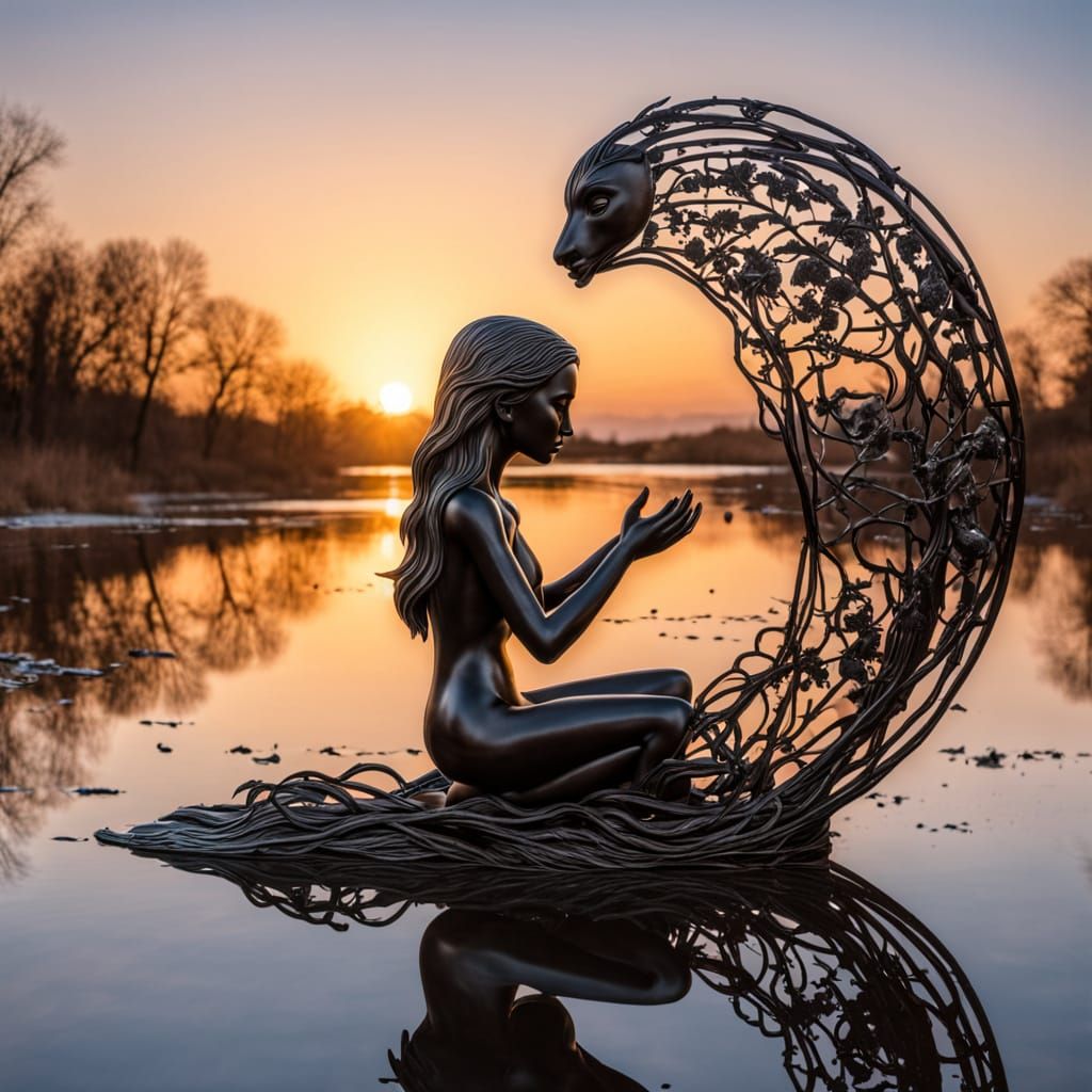 Surreal Sculpture of Child at Sunset