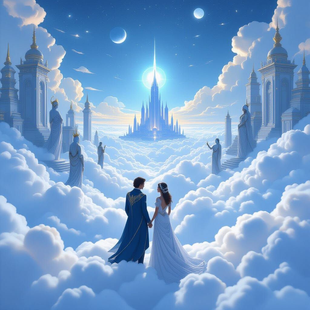 Celestial Lovers Meet Gods Above Clouds in Mystical Realism