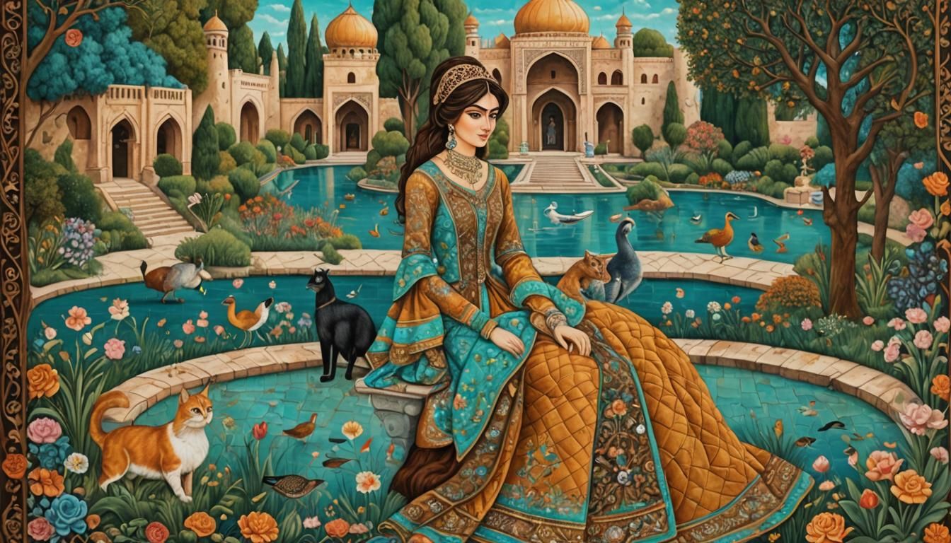Persian Princess in Garden, Miniature Style