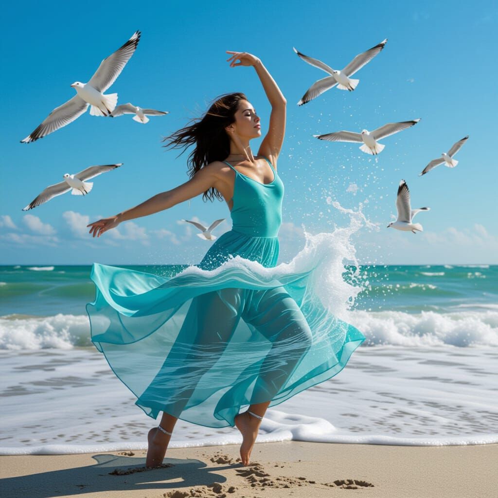 Ethereal Dancer: Motion, Ocean, and Seagulls