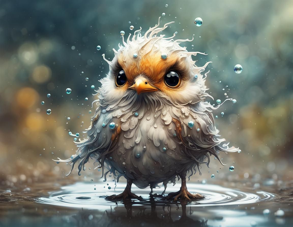 Watercolor Bird with Huge Eyes in Fantasycore Style